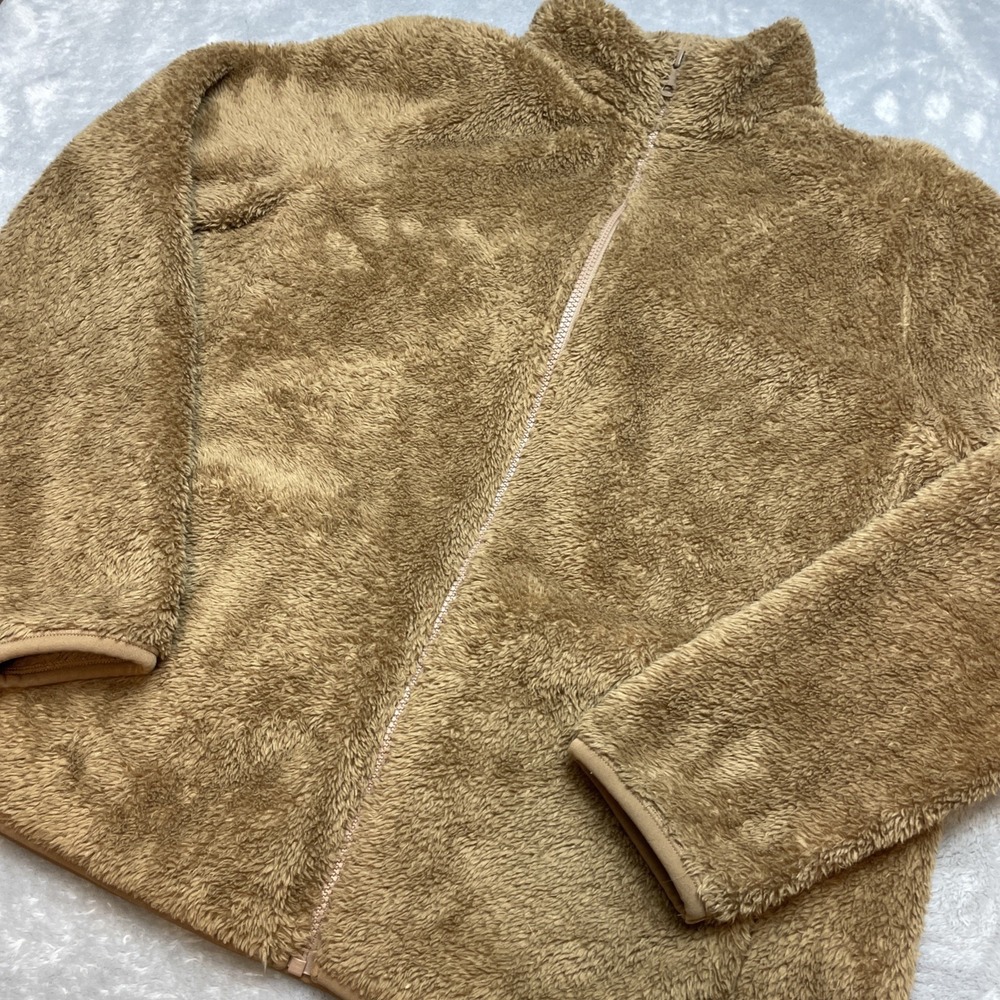 Uniqlo Womens Fluffy Yarn Fleece Jacket Size XL Camel Tan Full Zip Teddy Pockets